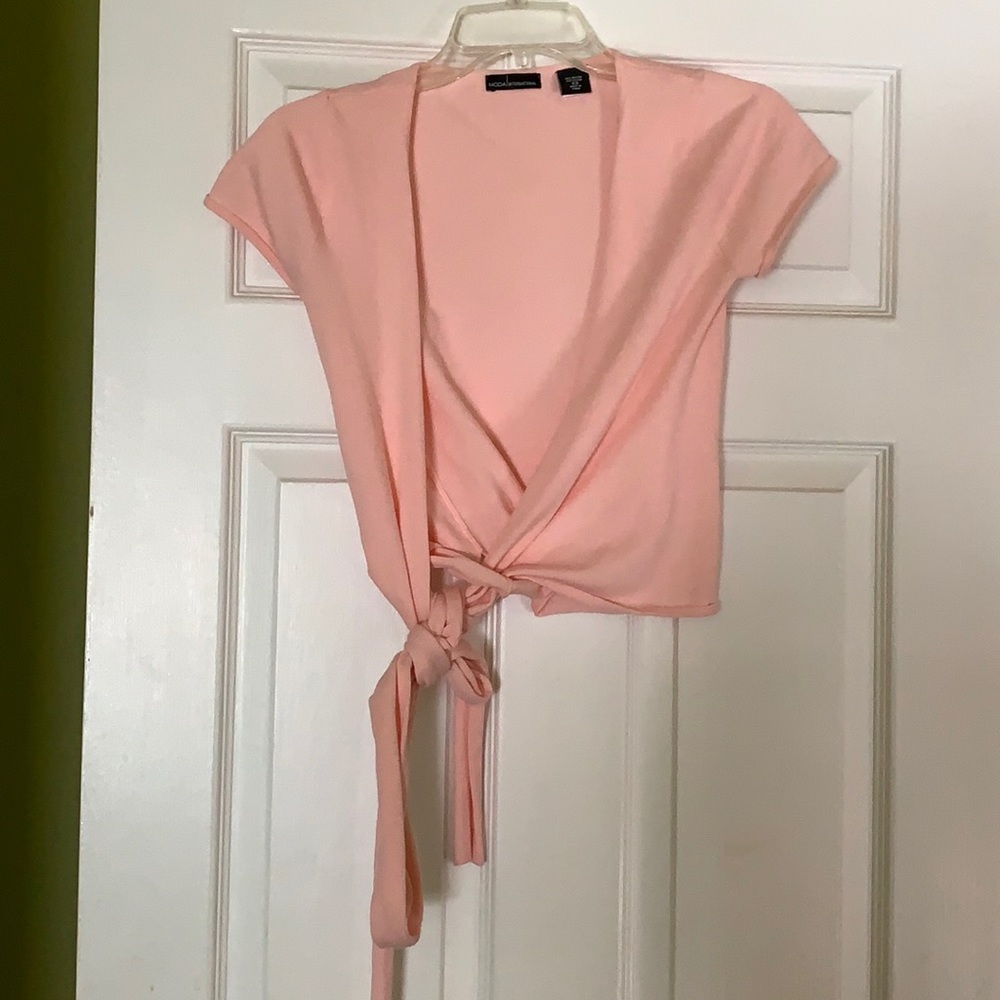 Peach, waist wrap tie sweater. 65% rayon, 35% nylon